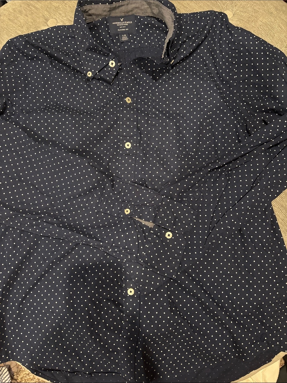 American Eagle Outfitters Navy Button-Down with White Micro Dots